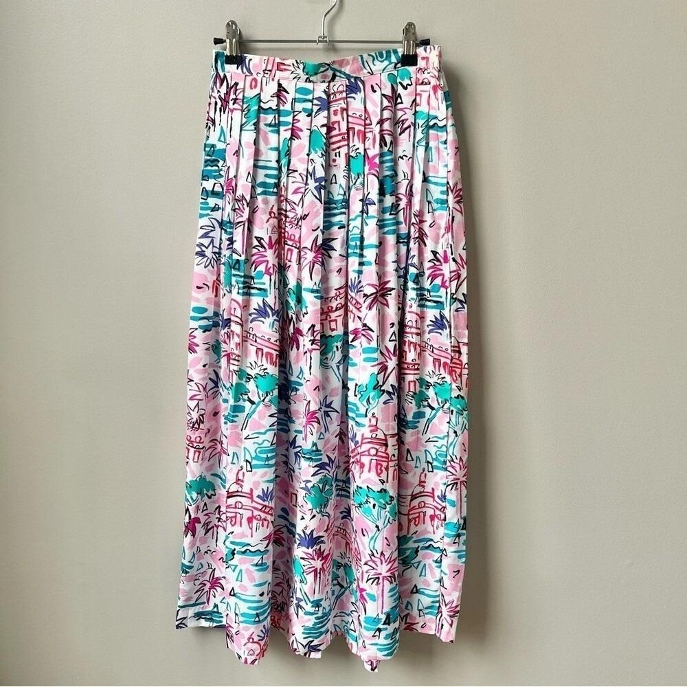 Vintage Skirt Women's XS Tropical Palm Trees Pleated Midi White Pink Kawaii